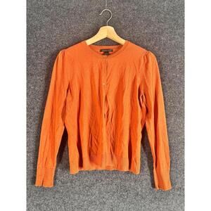 August Silk Cardigan Women L Large Orange Button Up Crew Neck Long Sleeve